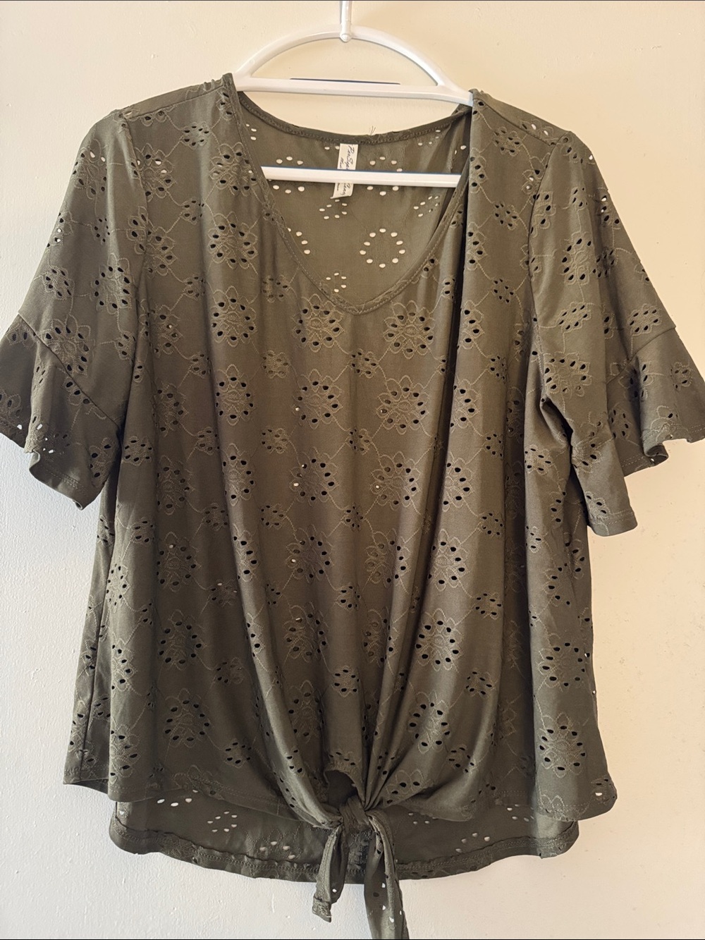 PerSeption Concept Olive Eyelet Tie-Front Short Sleeve Top